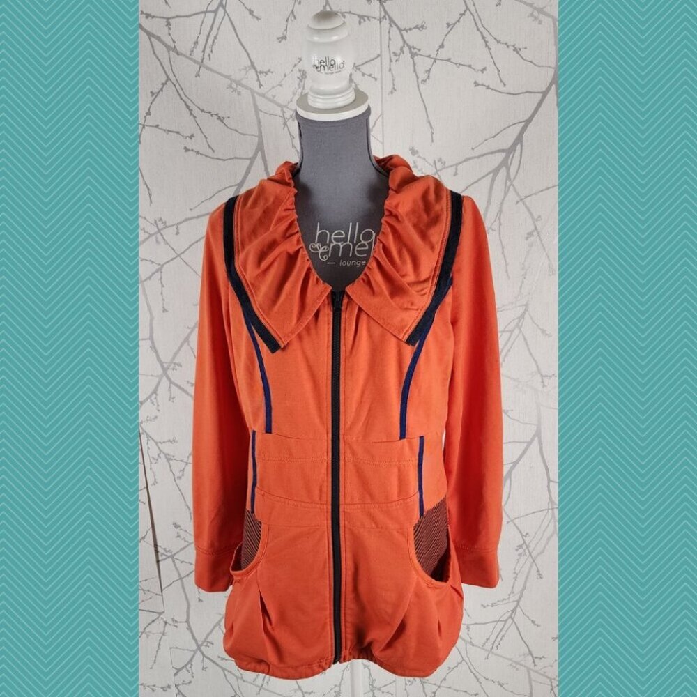 Due +2 Orange Cotton Blend Ruched Collar Zip Up Jacket